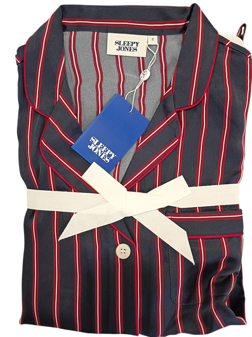 Sleepy Jones Navy with Red & White Stripe Pajama Set Pants And Top , Pure Silk